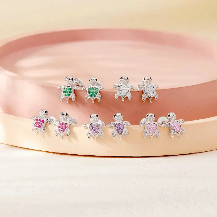 Kids Screw Back Earrings Earrings Adorable Turtle Kids Childrens Girls Earrings Screw Back Cubic Zirconia Sterling Silver