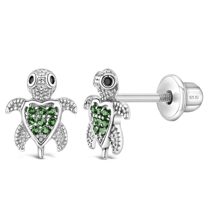 Kids Screw Back Earrings Earrings Adorable Turtle Kids Childrens Girls Earrings Screw Back Cubic Zirconia Sterling Silver