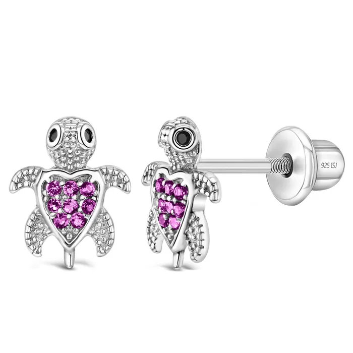 Kids Screw Back Earrings Earrings Adorable Turtle Kids Childrens Girls Earrings Screw Back Cubic Zirconia Sterling Silver