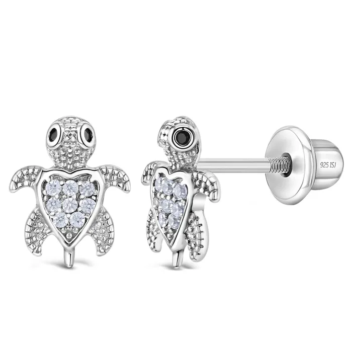 Kids Screw Back Earrings Earrings Adorable Turtle Kids Childrens Girls Earrings Screw Back Cubic Zirconia Sterling Silver
