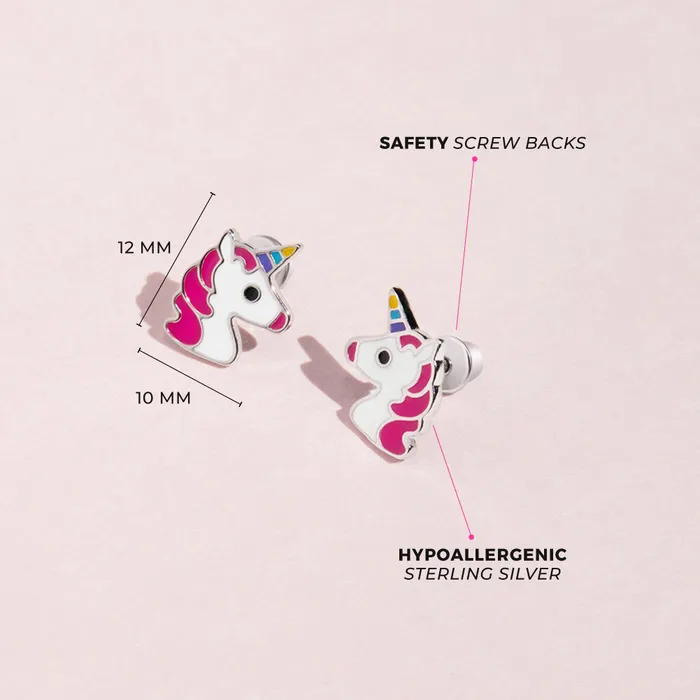 Kids Screw Back Earrings Earrings Rainbow Unicorn Kids Childrens Girls Earrings Screw Back Enamel Sterling Silver