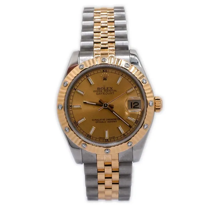 Rolex Ladies Datejust Two Tone Yellow Gold and Stainless Steel 31mm Champagne Stick Dial Watch Reference 178313 Happy Jewelers Rings