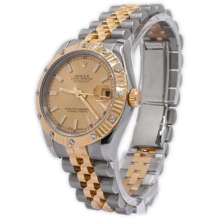 Rolex Ladies Datejust Two Tone Yellow Gold and Stainless Steel 31mm Champagne Stick Dial Watch Reference 178313 Happy Jewelers Rings