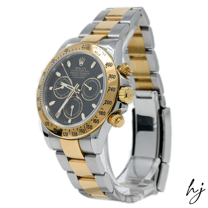 Rolex Mens Daytona 18K Yellow Gold Steel 40mm Black Stick Dial Watch Reference 116523 Happy Jewelers Earrings