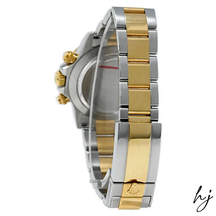 Rolex Mens Daytona 18K Yellow Gold Steel 40mm Black Stick Dial Watch Reference 116523 Happy Jewelers Earrings