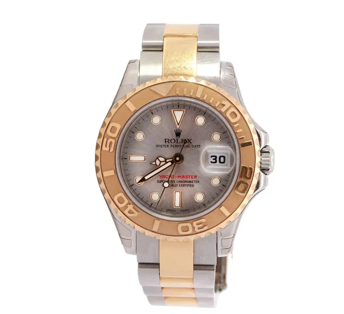 Rolex Mens YachtMaster 18K Yellow Gold Steel 29mm Silver Dot Dial Watch Reference 169623 Happy Jewelers Earrings